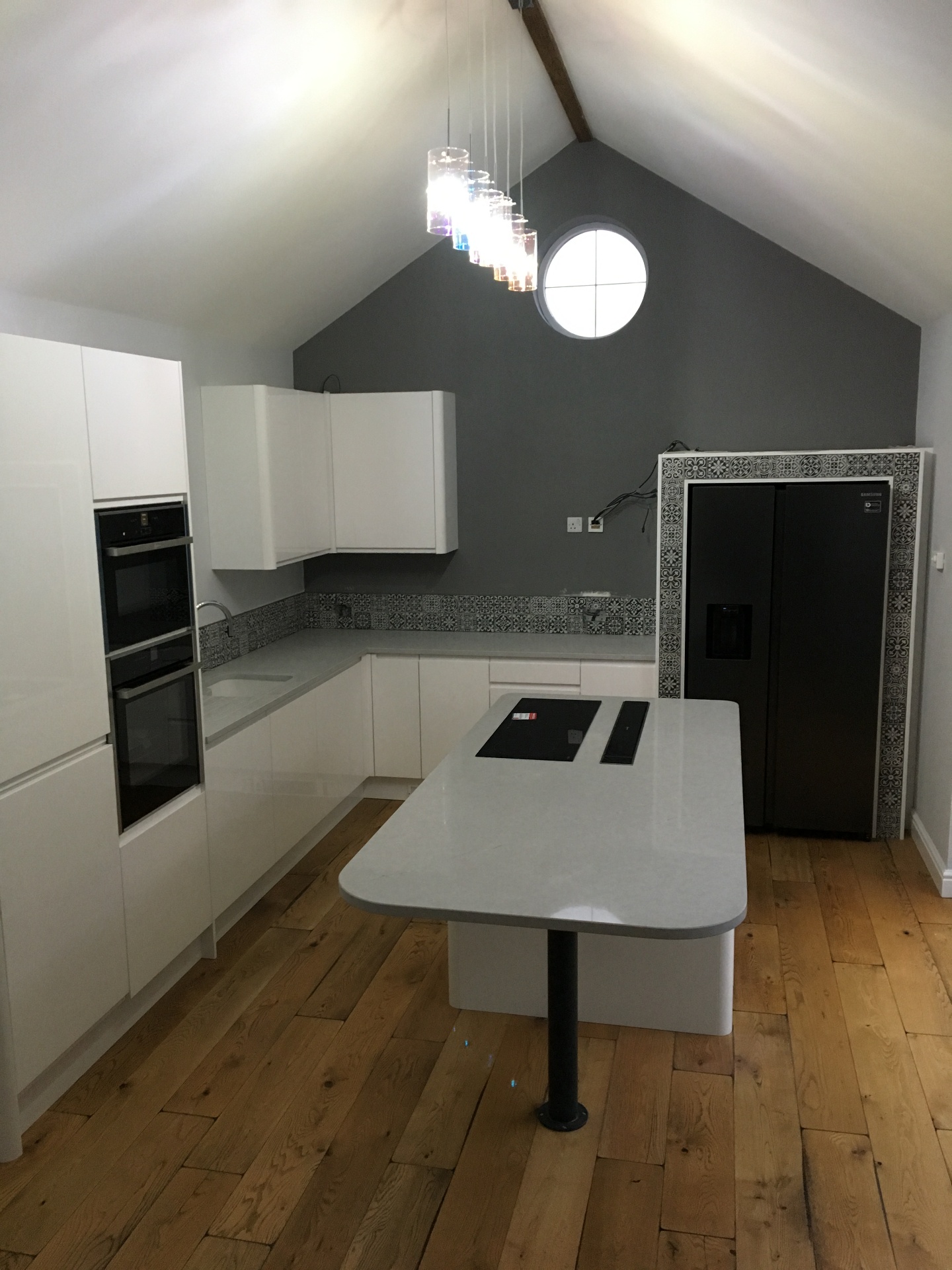 Vaulted Kitchen with Patterned Splashback in Wakefield